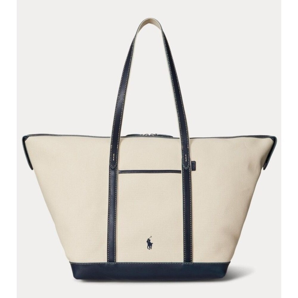 Polo Ralph Lauren Leather Trim Canvas Large Shopper Tote Ecru/Navy